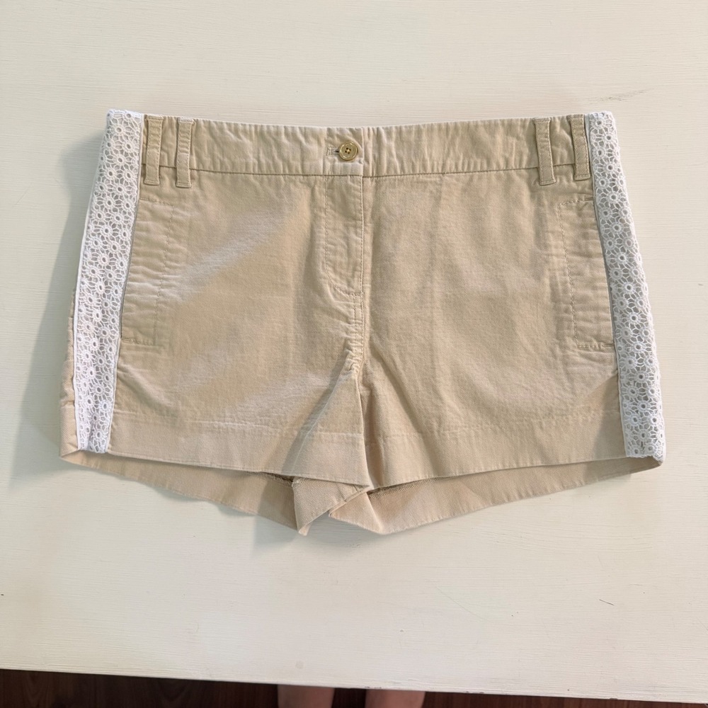 Tory Burch Khaki Twill Lace Trim Shorts Tan Size 8 Cotton Stretch Boho Coastal